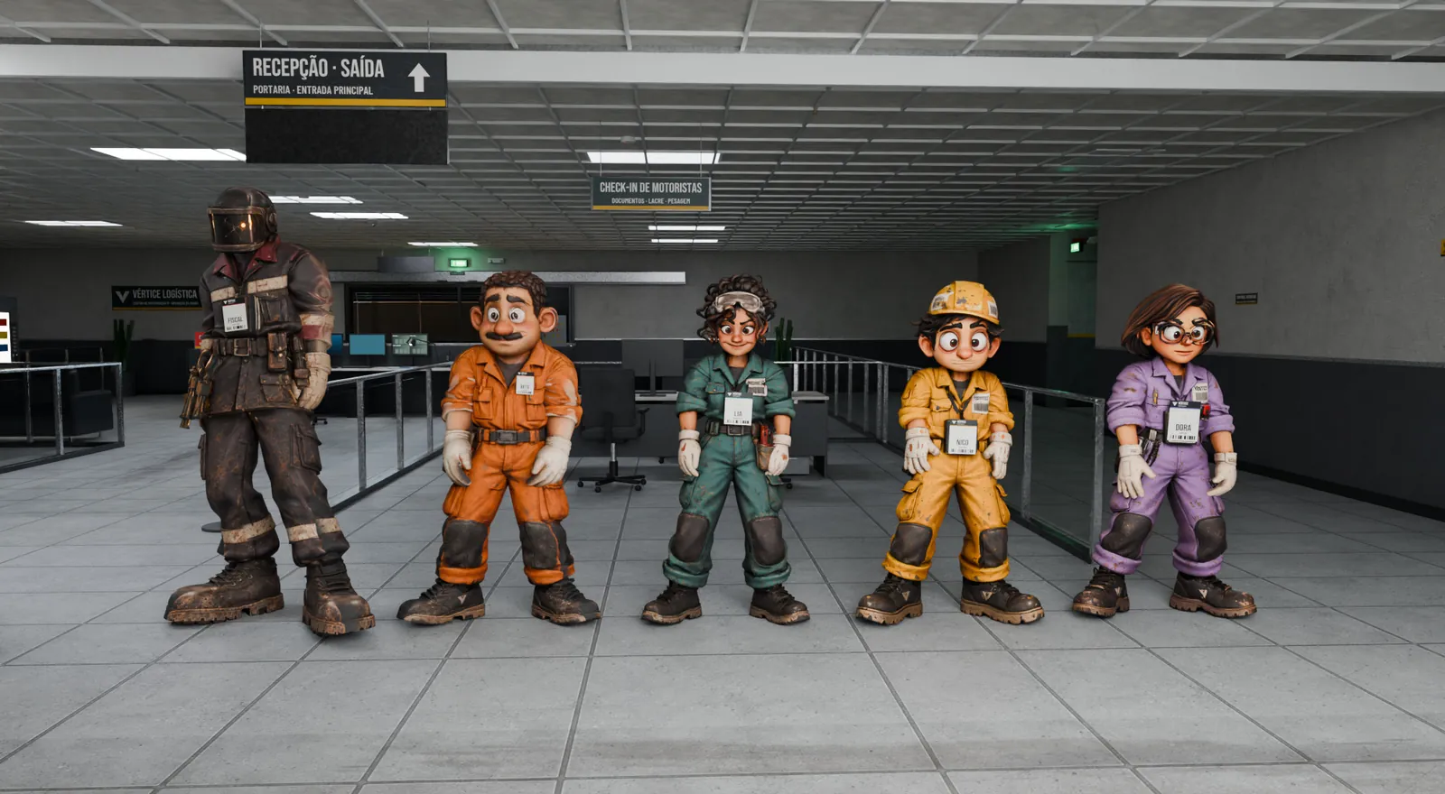 Render de desenvolvimento dos cinco personagens lado a lado no hall do Complexo 17.
