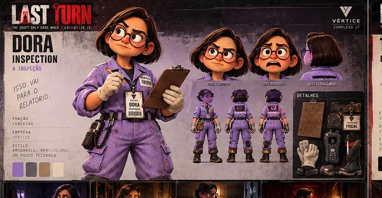 Ficha de personagem de Dora, da inspeção, de macacão roxo com prancheta.