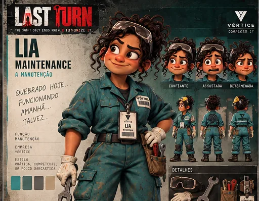 Ficha de personagem de Lia, da manutenção, de macacão verde e óculos de proteção.