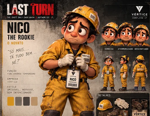 Ficha de personagem de Nico, o novato, de macacão amarelo e capacete.