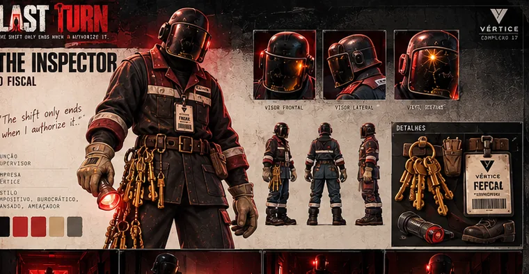 Ficha de personagem do Vigia, de capacete escuro com visor e um molho de chaves.