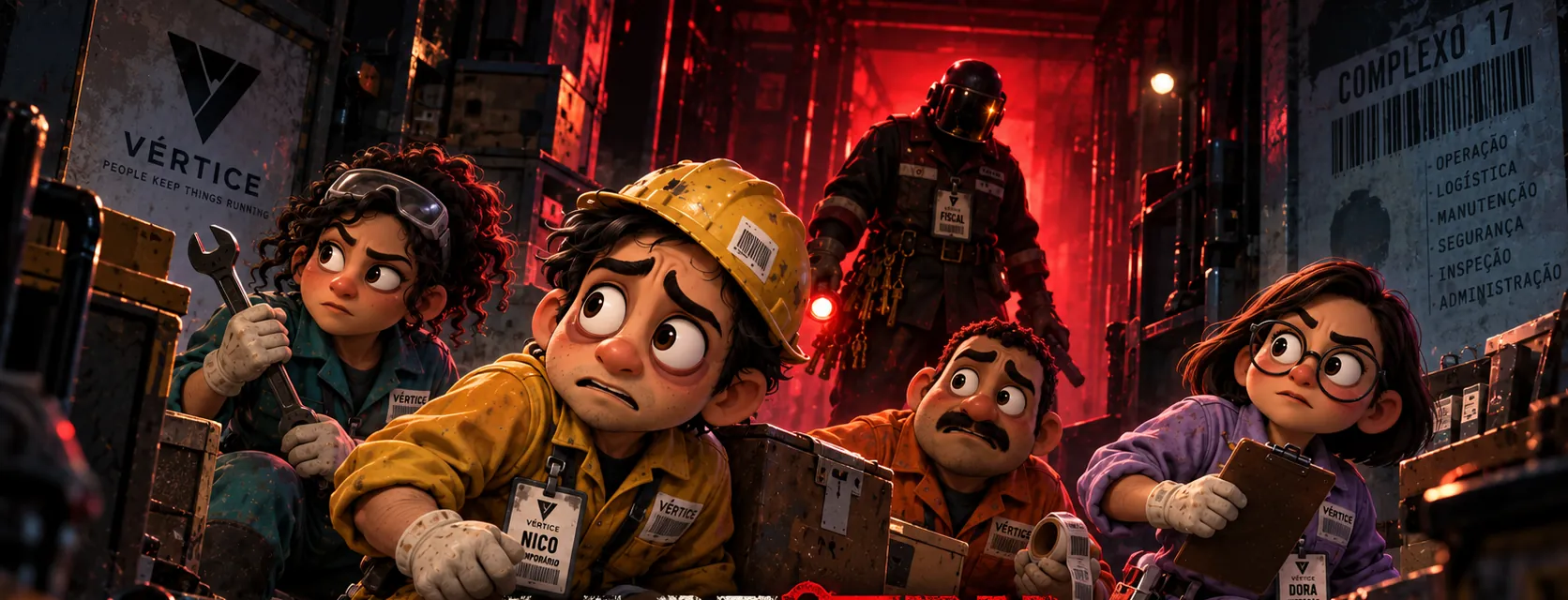 Arte oficial de Last Turn: Nico, Lia, Beto e Dora escondidos, com o Vigia ao fundo sob luz vermelha.